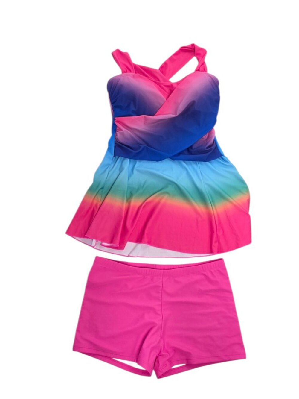 Multi Colour Tankini Swim Top, Padded, Cross Back, Rainbow, Shorts, Size M